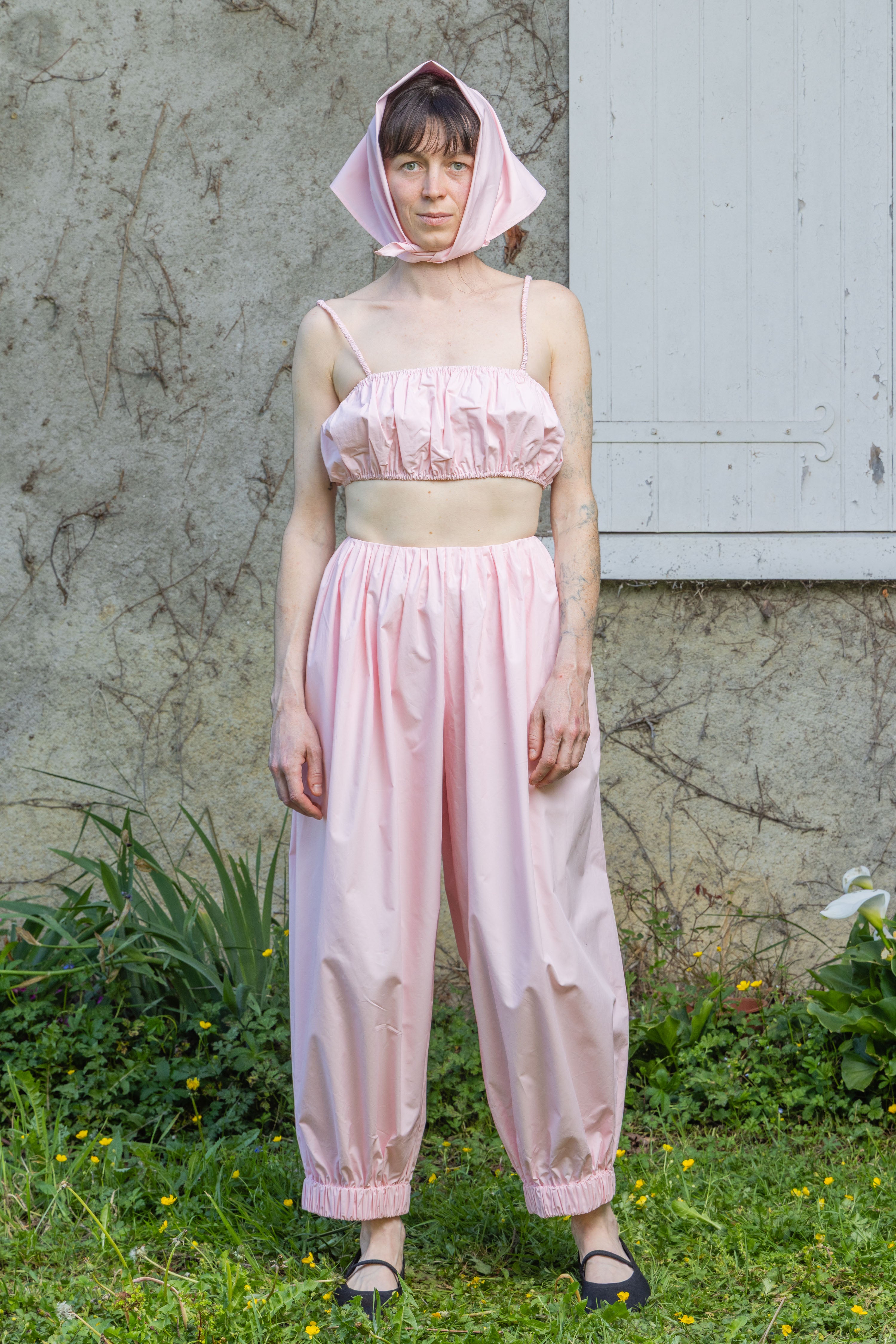 Soleil spotted bralette, pink ruched bandeau with spaghetti straps