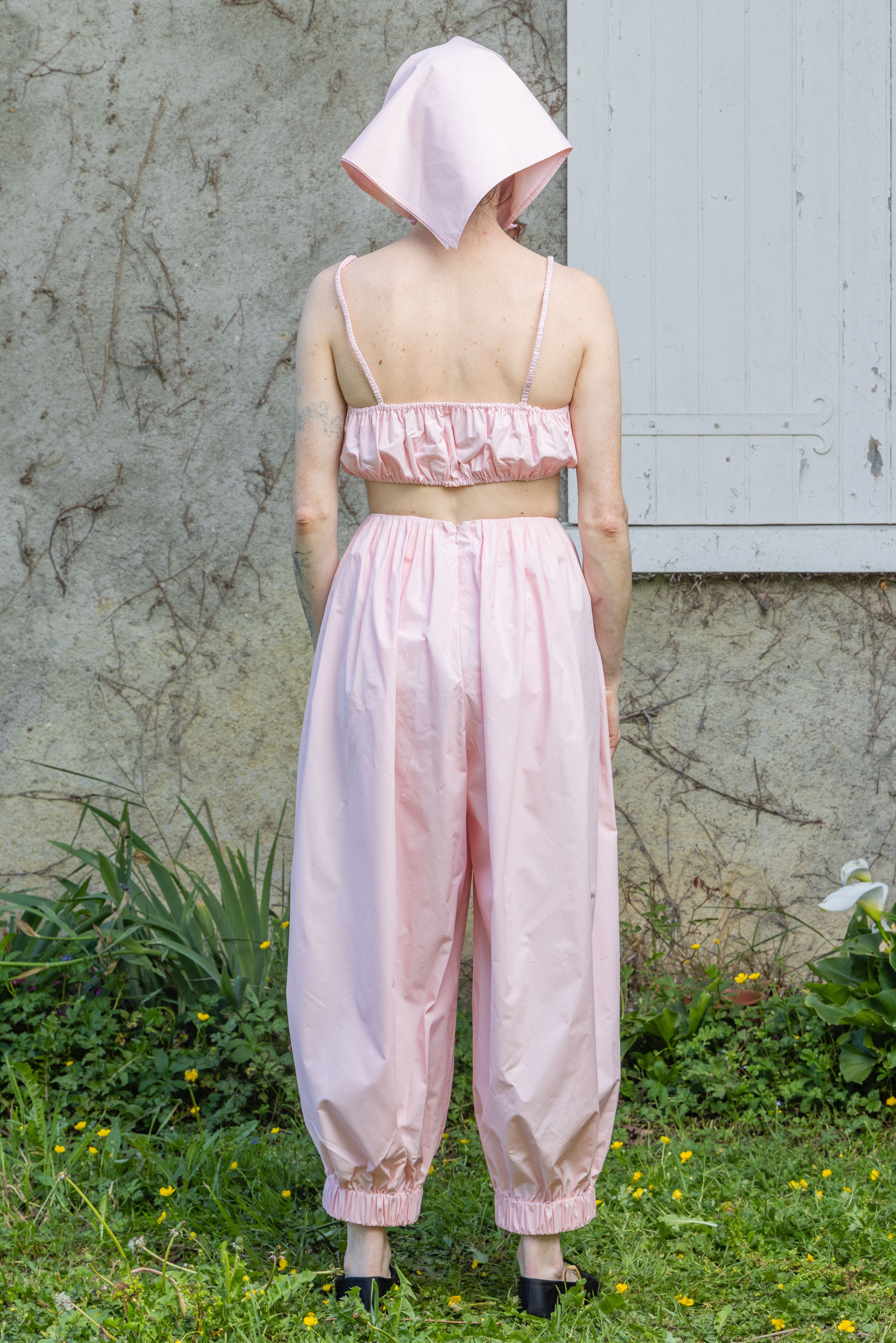 Soleil spotted bralette, pink spaghetti straps and ruched bandeau back view