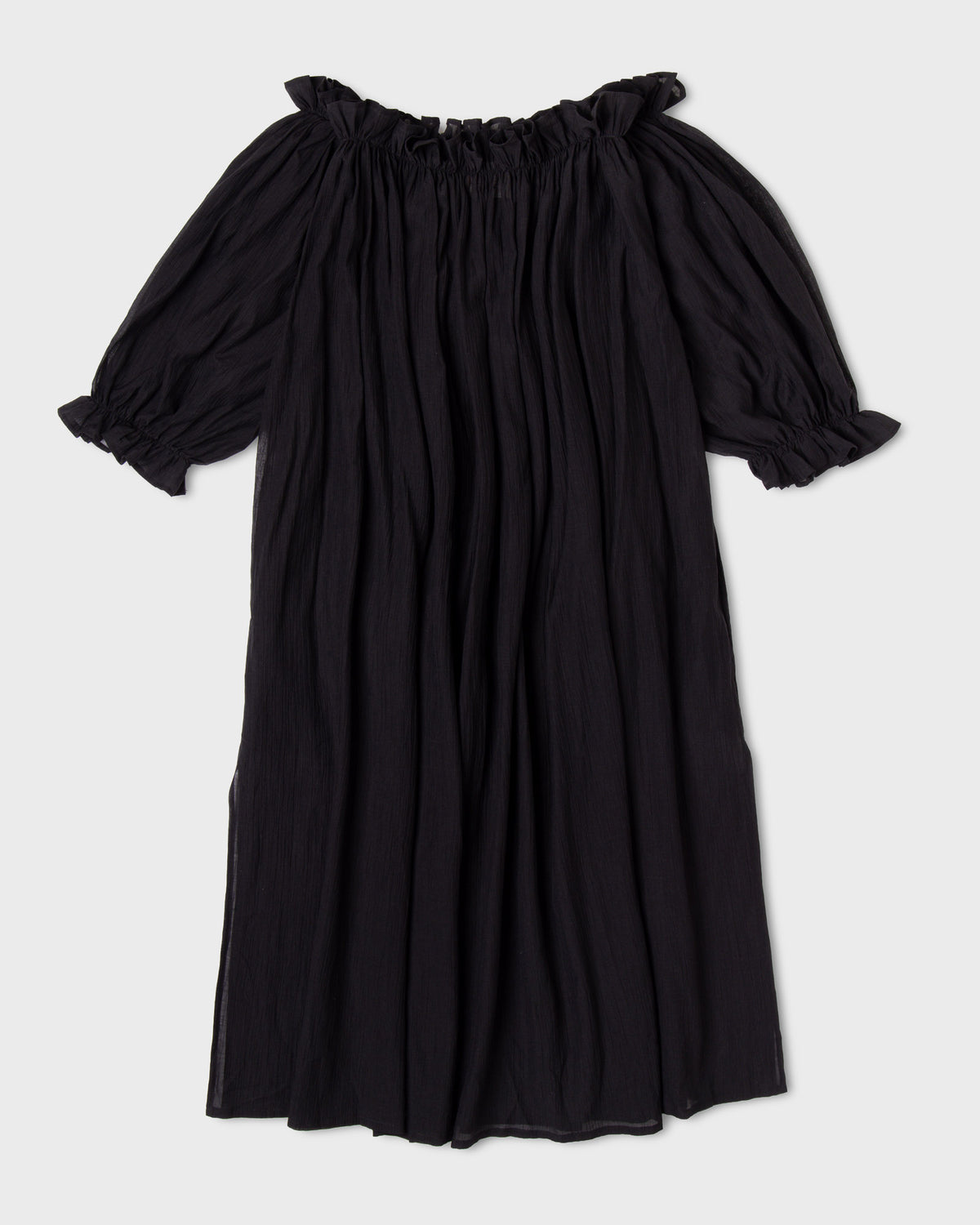 Black gathered off-shoulder maxi dress with puff sleeves and full skirt