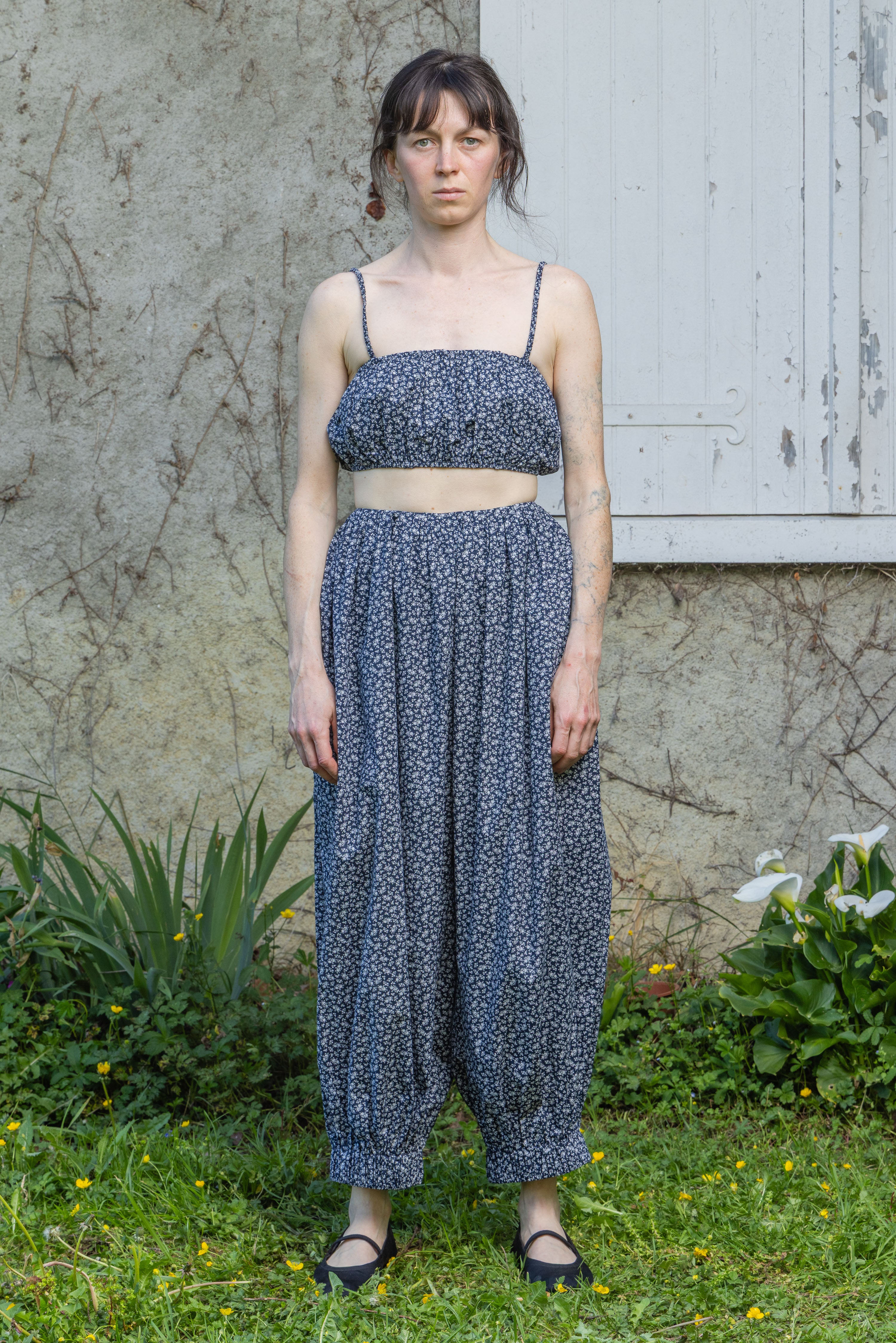 Soleil spotted bralette, navy with tiny floral print and spaghetti straps