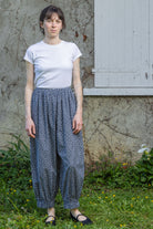 Summer trousers, navy floral wide-leg pants with elastic waistband and ankle length