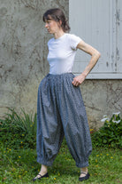 Summer floral trousers with dark navy base and allover white speckle, relaxed fit
