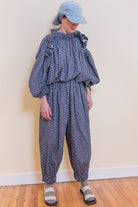 L'été trousers in navy floral, loose balloon legs with elastic waist and cuffs
