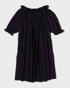 Black gathered off-shoulder maxi dress with puff sleeves and full skirt